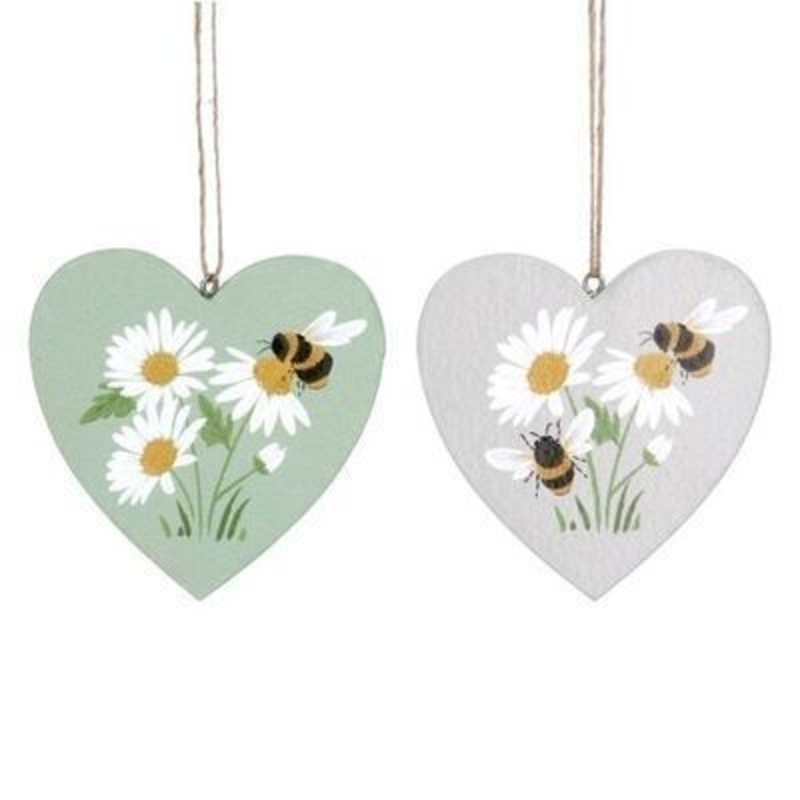 Flat wooden heart shaped hanging decoration with bee and daisy detail in green or grey. The perfect addition to your home for Spring. 2 designs. By Gisela Graham.